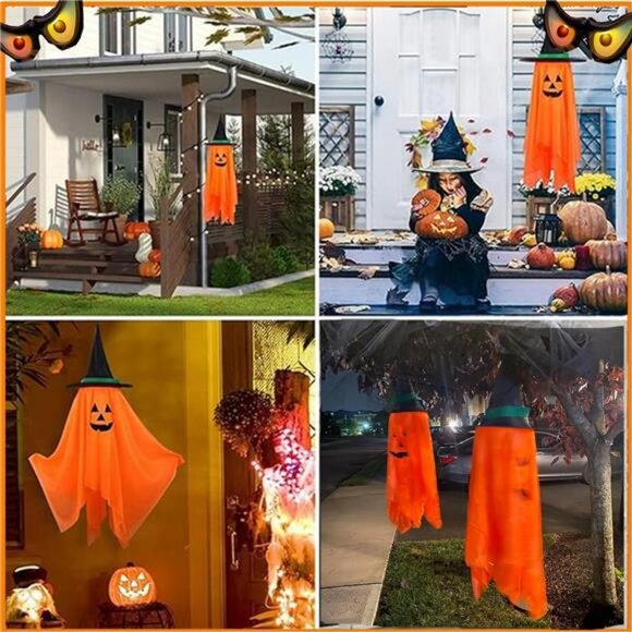 2 Pack Halloween Decorations, Pumpkin Wizard Hat Pre-Installed Pumpkin Ghosts - Picture 6 of 8